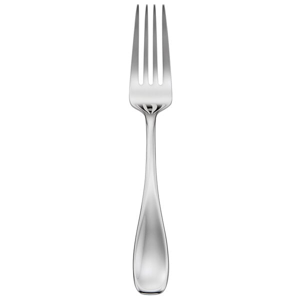 An Oneida Voss II stainless steel dinner fork with a silver handle and four prongs.