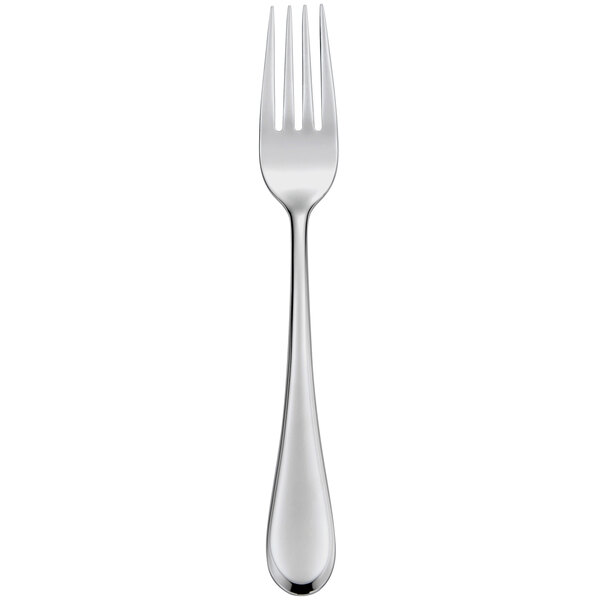 A close-up of a silver Oneida Lumos dinner fork with a white background.