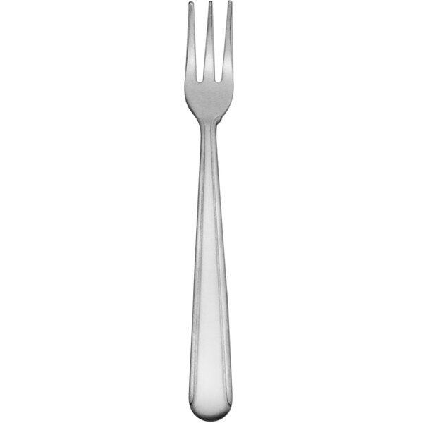 A silver Delco Dominion III medium weight oyster/cocktail fork with a white handle.