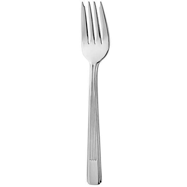 A close-up of a silver Oneida Park Place salad fork with a white handle.