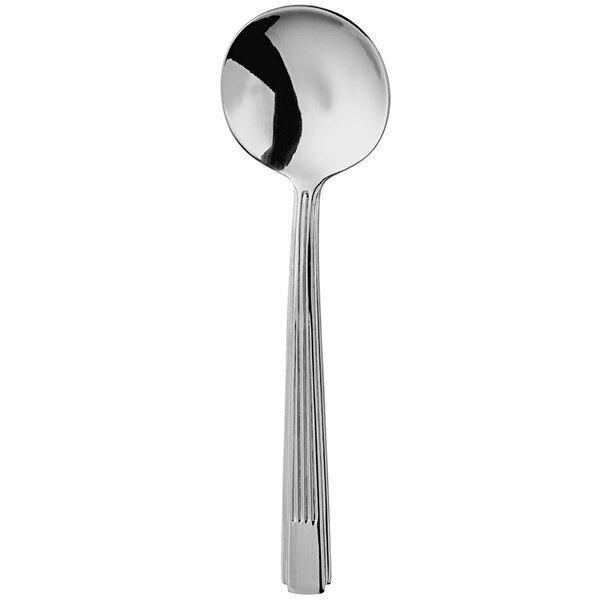 A Oneida stainless steel bouillon spoon with a long handle.