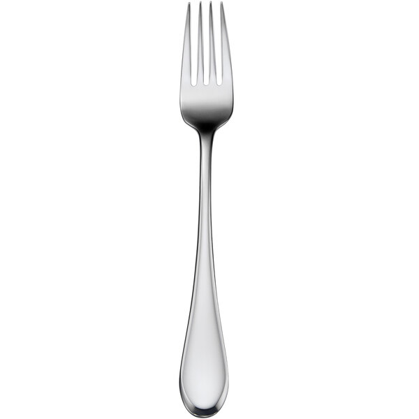 A Oneida Lumos stainless steel table fork with a silver handle on a white background.