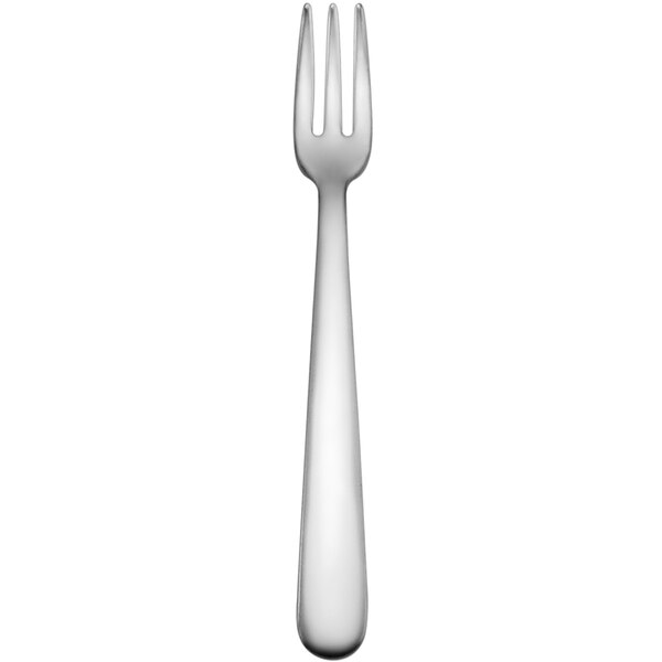 A silver fork with a white handle.