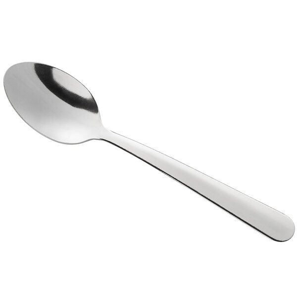 A close-up of a Delco Windsor III stainless steel teaspoon with a silver handle.