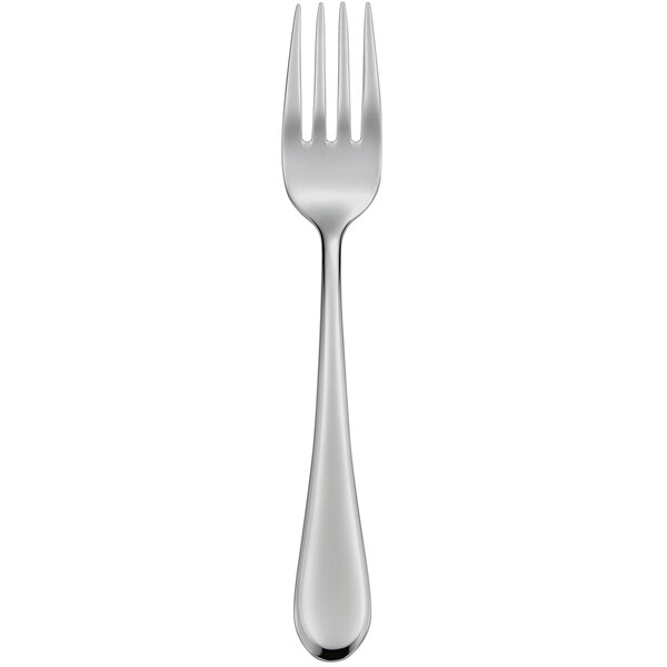 A stainless steel salad fork with a silver handle.