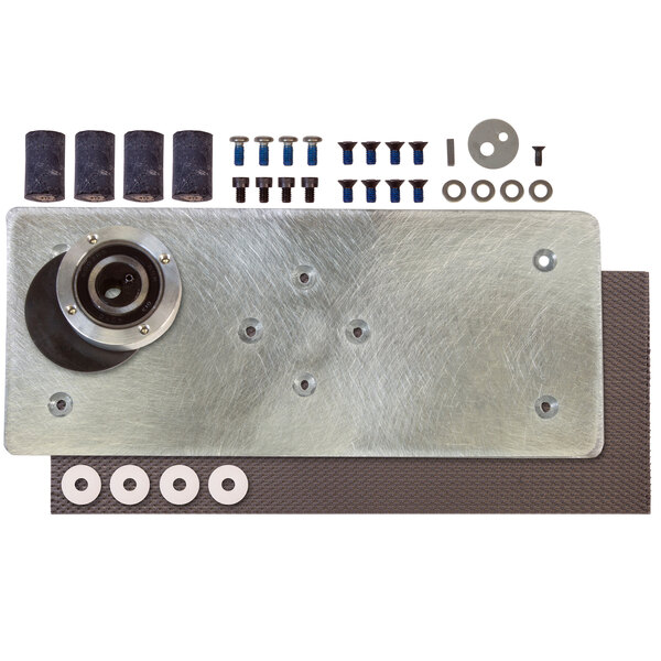 A Square Scrub Doodle Scrub base plate assembly kit, including a circular metal plate and screws.