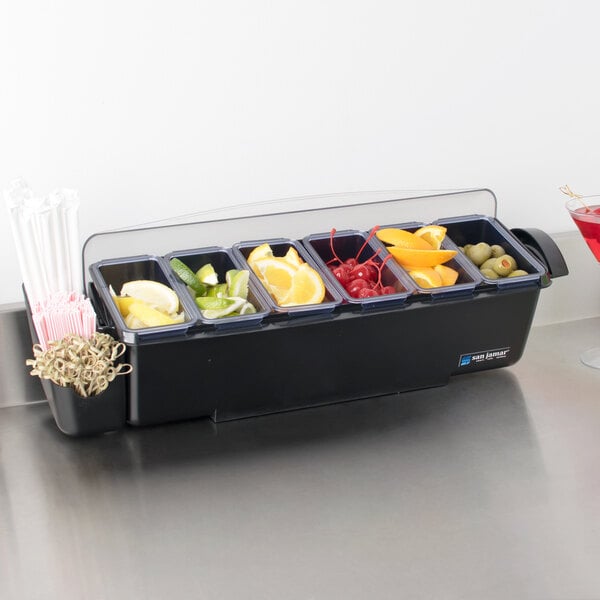 San Jamar BD4006S The Dome 6-Compartment Condiment Bar with Snap-On Caddies