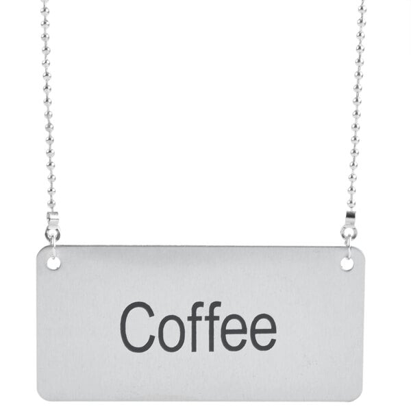 A silver chain with a "Coffee" label attached to it.