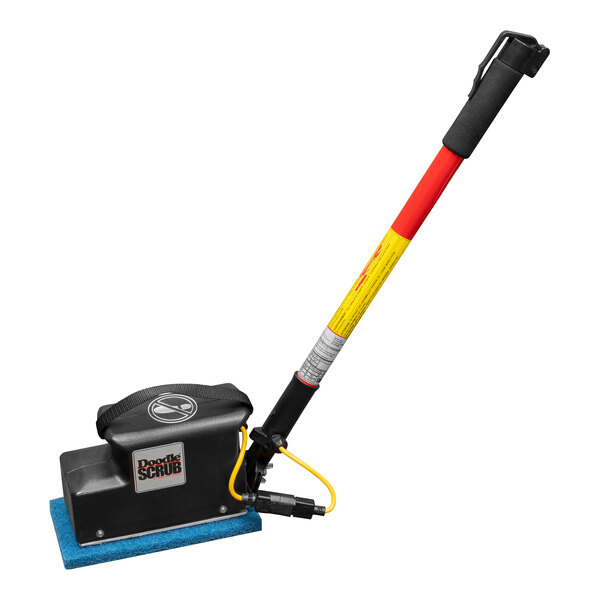 A black Square Scrub Doodle corded floor scrubber with a yellow handle.