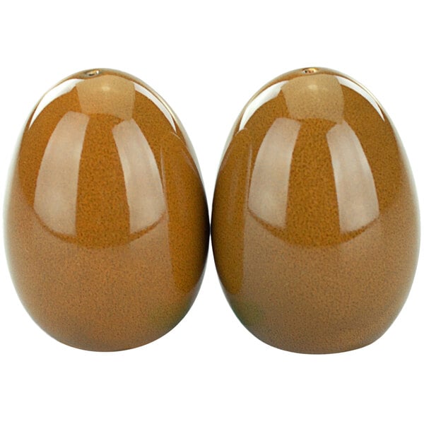 Two brown terracotta porcelain salt and pepper shakers.