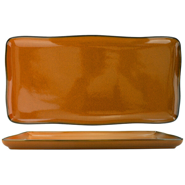A rectangular terracotta porcelain platter with a black border.
