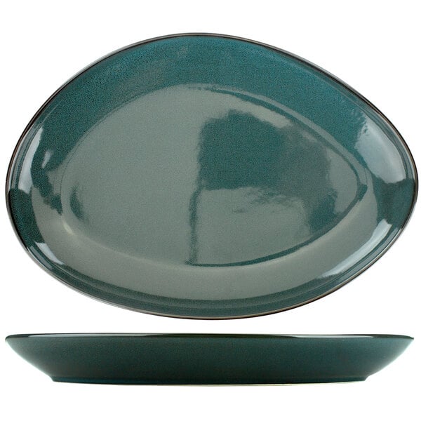 An oval porcelain platter with a dark blue border.