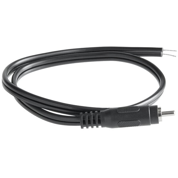A close-up of a black cable with a white connector.