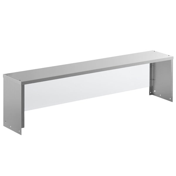 An Avantco metal rectangular shelf with a clear glass sneeze guard.