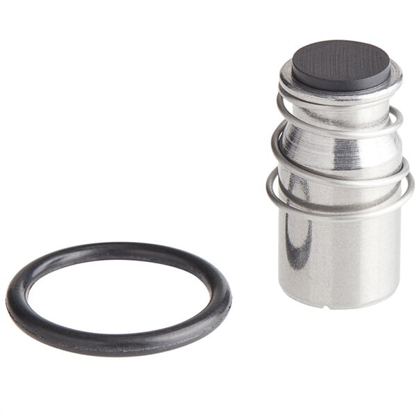 A metal cylinder with a black rubber ring, a stainless steel and black rubber seal ring inside.