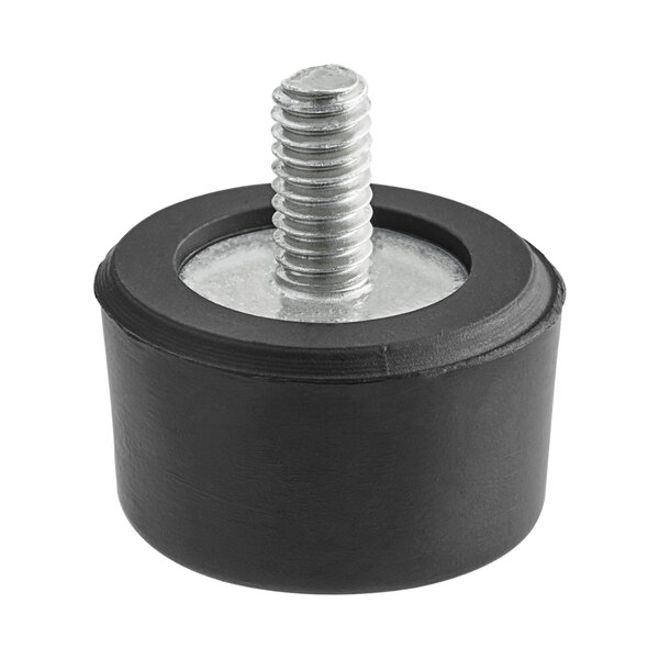 A black round rubber foot with a screw on top.