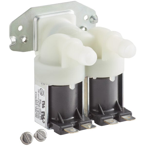 A pair of white Bunn solenoid valves with screws on the side.