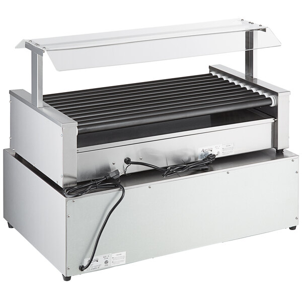 An Avantco hot dog roller grill with a clear lid on top.
