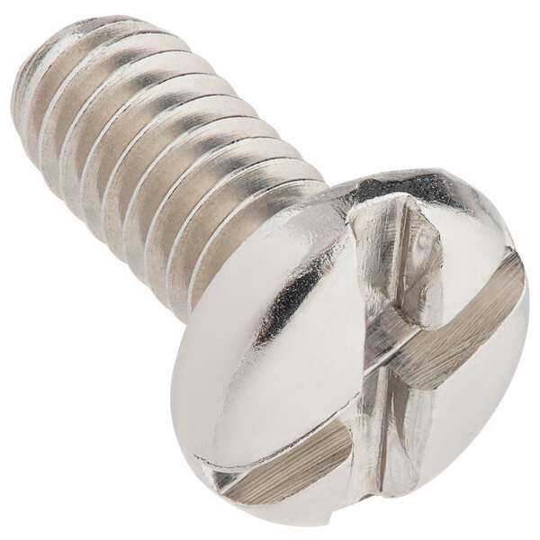 A close up of a metal screw with a white background.