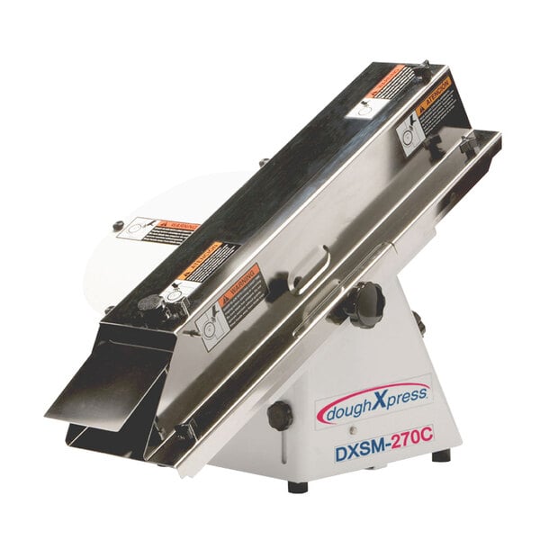 A DoughXpress bread slicer machine with a metal surface.