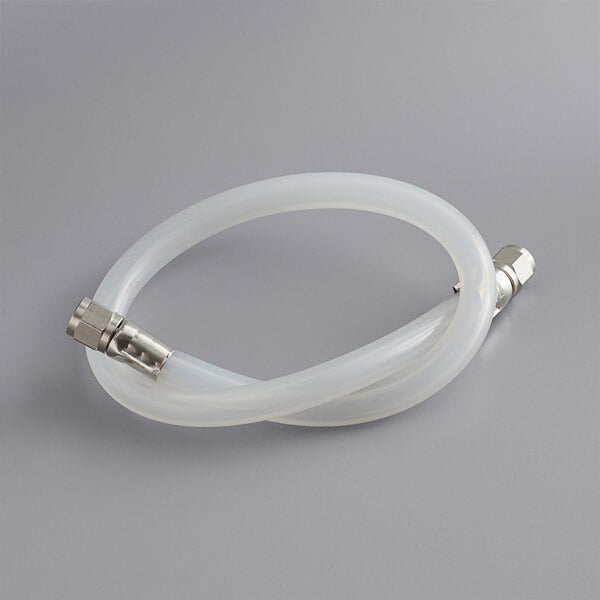 A white flexible tube with silver ends.