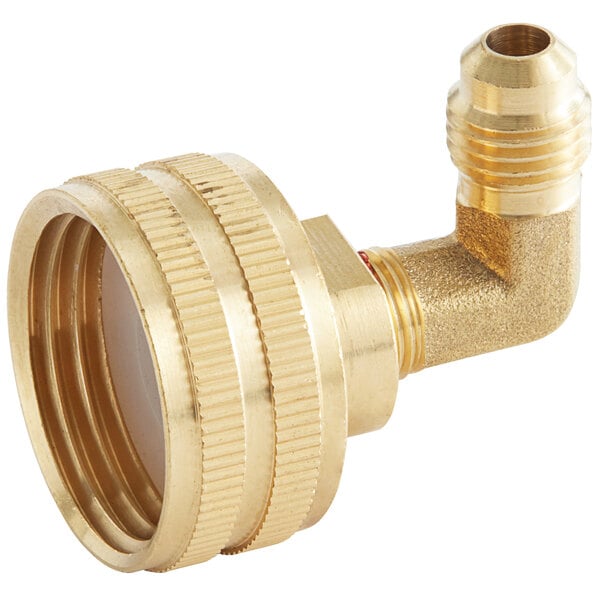 A brass elbow hose fitting with a nut on one end.