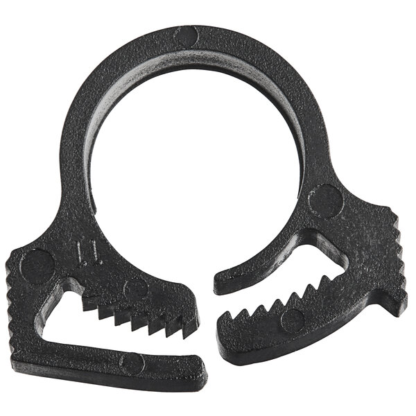 A pair of black metal snap hose clamps with teeth.