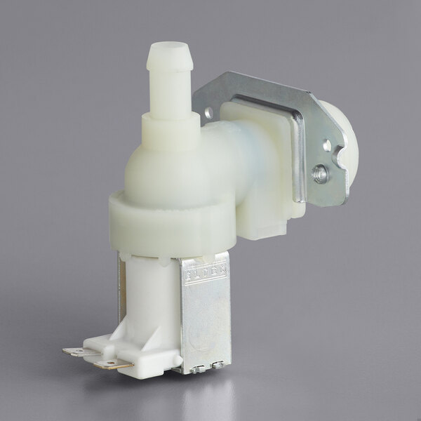 A white plastic Bunn inlet valve with a metal holder.