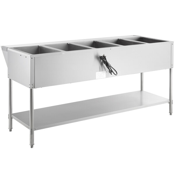 An Avantco stainless steel open well steam table with five compartments on an undershelf.