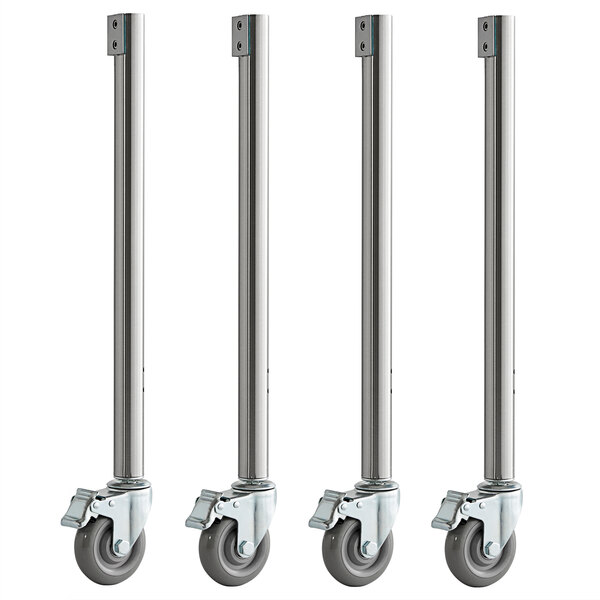 A row of four Avantco metal casters with wheels.