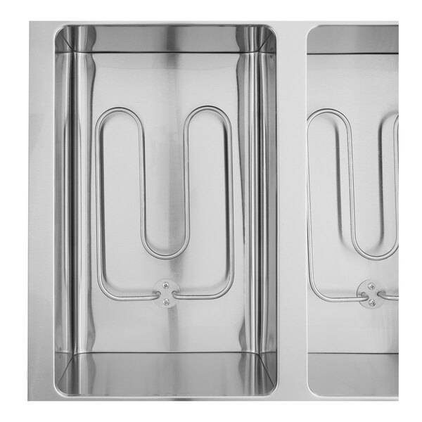 A stainless steel rectangular container with a U-shaped heating element at the bottom, partially showing an adjacent identical container.