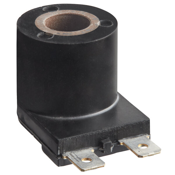 A black electrical solenoid coil with two wires.
