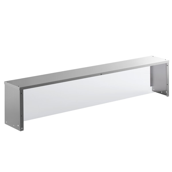 A long metal shelf with a clear plastic sneeze guard.