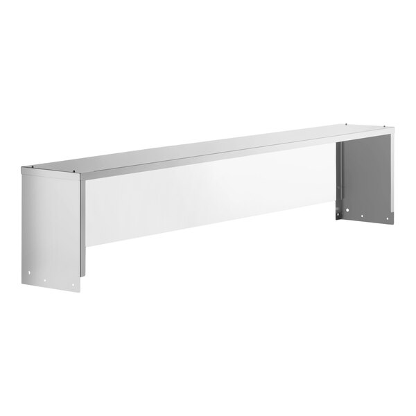 An Avantco 71-inch stainless steel overshelf with a sneeze guard designed for use with specific steam table models.