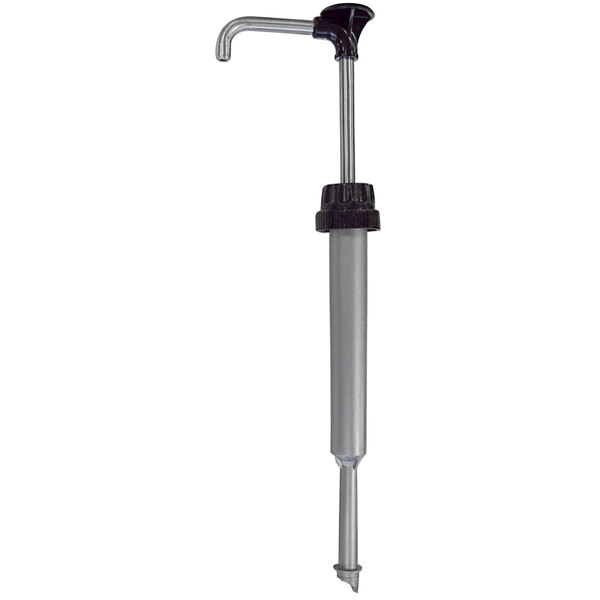 A silver Server HERSHEY'S Classic Syrup pump with a black handle on a metal pipe.