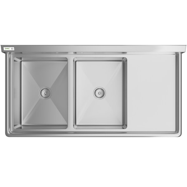 A Regency stainless steel double bowl sink with right drainboard.