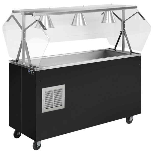 A black and silver Vollrath refrigerated food station with closed storage and two glass doors.