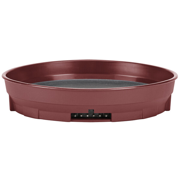 A round red Cambro meal delivery base with a black lid.