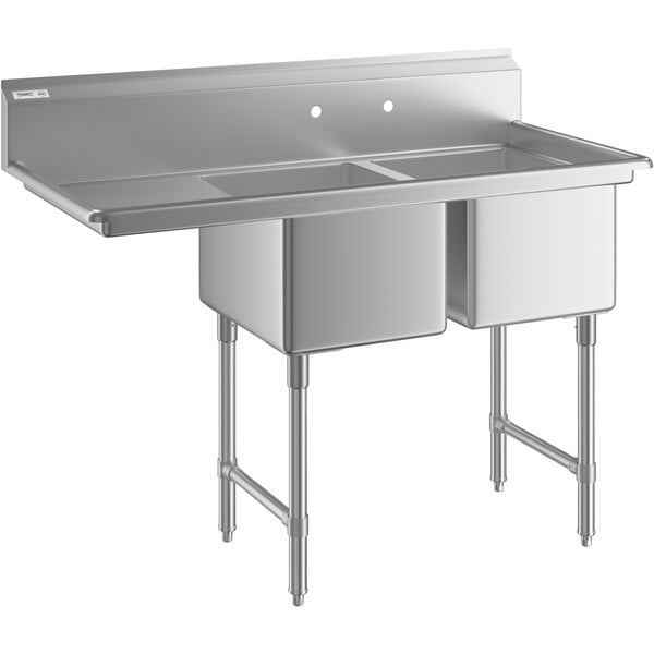 Regency 54 1/2" 16 Gauge Stainless Steel Two Compartment Commercial Sink with Stainless Steel Legs, Cross Bracing, and 1 Drainboard - 16" x 20" x 12" Bowls - Left Drainboard