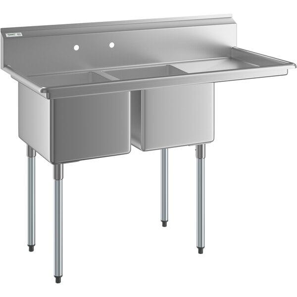 Regency 54 1/2" 16 Gauge Stainless Steel Two Compartment Commercial Sink with Galvanized Steel Legs and 1 Drainboard - 16" x 20" x 12" Bowls - Right Drainboard