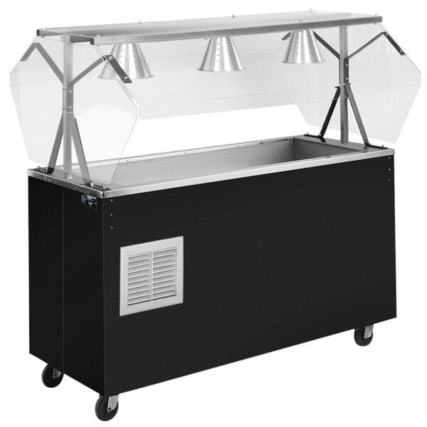 A black and silver refrigerated food cart with a solid base.