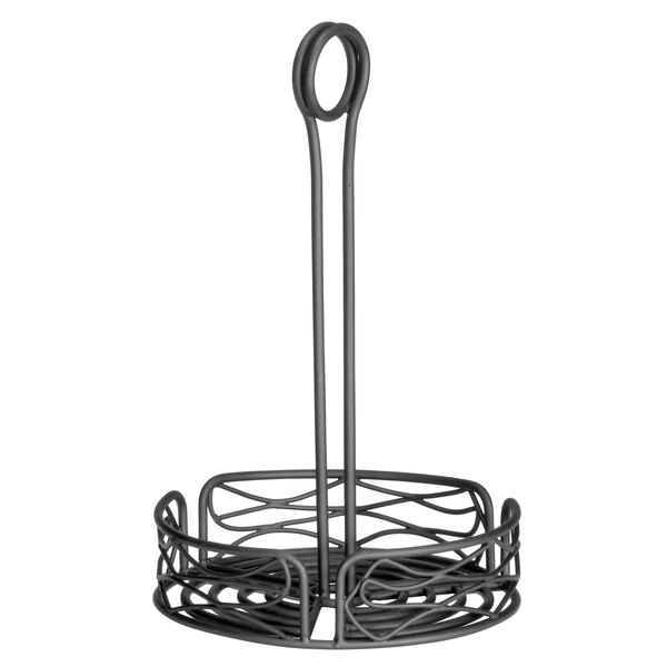 A Tablecraft black wire condiment caddy with a handle.