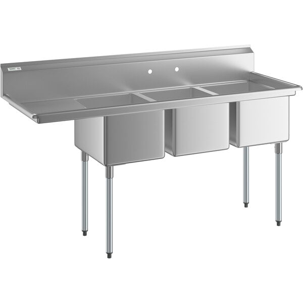 Regency 72 1/2" 16 Gauge Stainless Steel Three Compartment Commercial Sink with Galvanized Steel Legs and 1 Drainboard - 16" x 20" x 12" Bowls