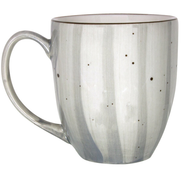 A close-up of a white and grey speckled Rotana porcelain bistro mug.