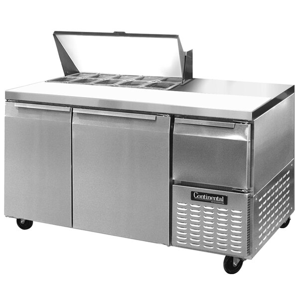 A Continental Refrigerator stainless steel 2 door refrigerated sandwich prep table with a large open top.
