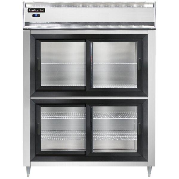 A Continental Refrigerator reach-in refrigerator with shallow depth and glass sliding doors.