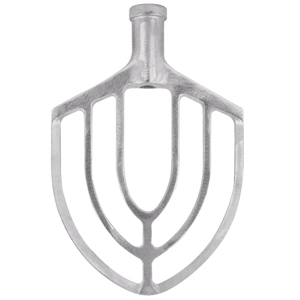 A silver aluminum flat beater with a white background.