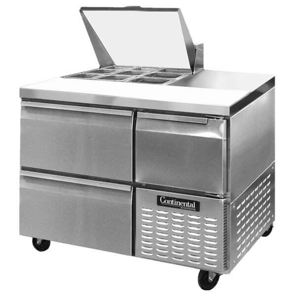 A Continental Refrigerator stainless steel food prep table with two drawers.