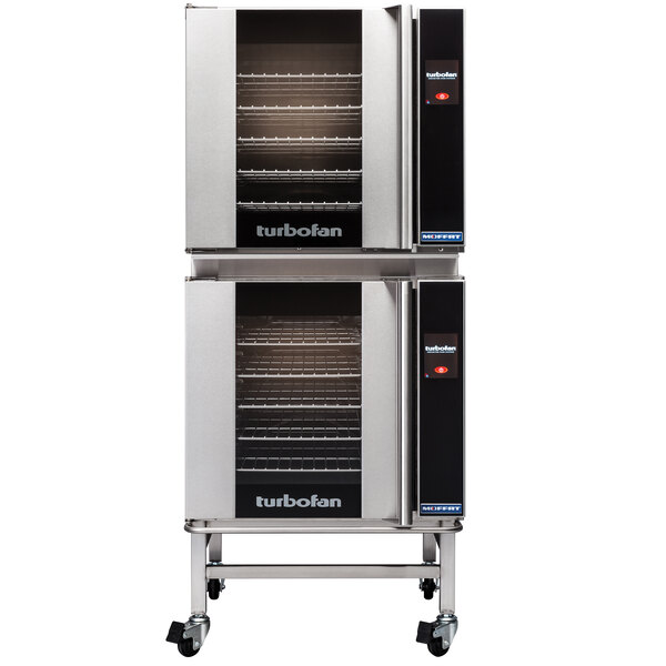 A Moffat Turbofan double convection oven with casters.