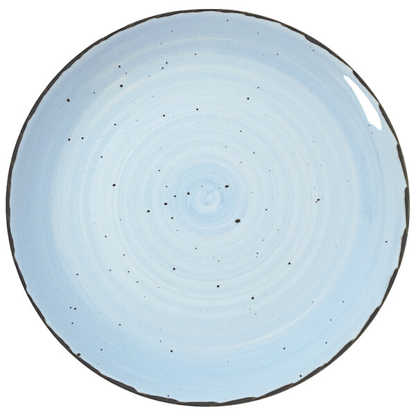 A white International Tableware porcelain plate with black specks.